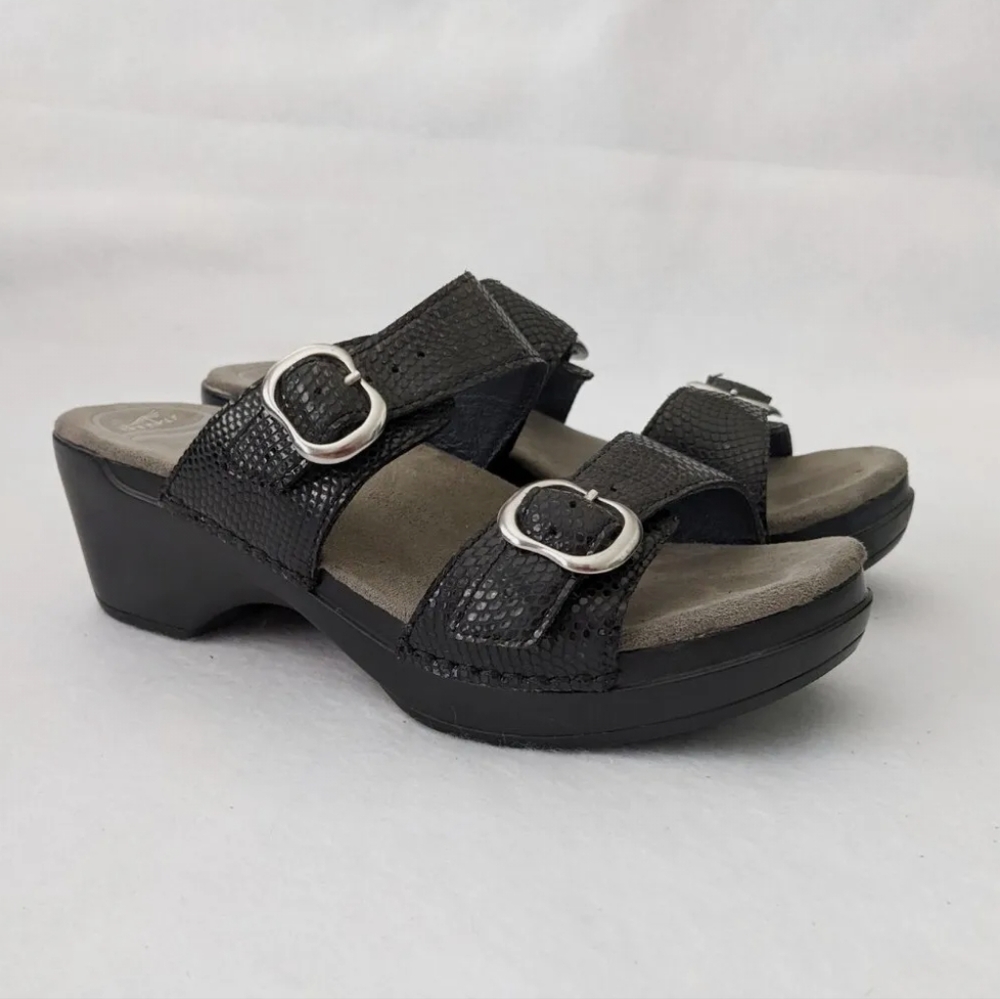 Dansko Black Sophie Snakeskin Leather Slide Sandals Womensz Sz 39 US 8.5-9